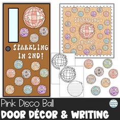 the pink disco ball door decor and writing paper is shown with different pictures on it