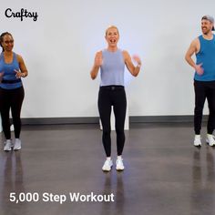 a group of people standing around each other in a dance class with the caption 5, 000 step workout