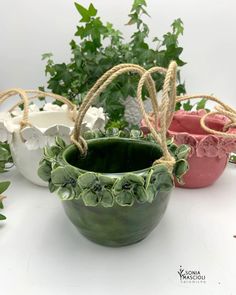 three planters with plants in them sitting on a table next to each other and rope hanging from the handles