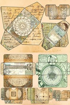 an assortment of old paper with various designs on it