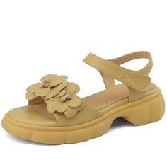 Camellia Blossom Leather Sandals - TSS105 Women's Casual Shoes - Touchy Style Spring Synthetic Slingback Sandals With Round Toe, Spring Synthetic Round Toe Slingback Sandals, Beige Flat Slingback Sandals For Spring, Beige Low Heel Sandals For Summer, Beige Flat Heel Slingback Sandals For Spring, Spring Flat Heel Slingback Sandals With Platform, Gold Low Heel Slingback Sandals For Summer, Spring Slingback Sandals With Round Toe, Beige Low Heel Slingback Sandals For Summer