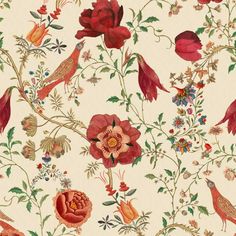 a floral wallpaper with red flowers and birds on white background, in an antique style