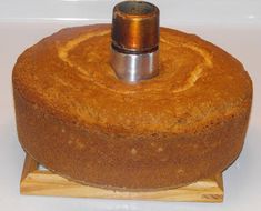 a piece of bread on a wooden stand