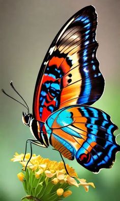 a colorful butterfly sitting on top of a yellow flower