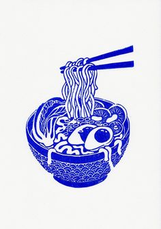 a drawing of noodles and chopsticks in a blue bowl