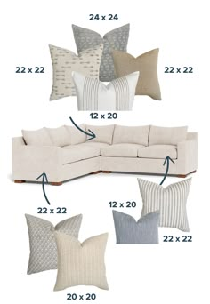 the sectional couch is shown with pillows and pillow sizes