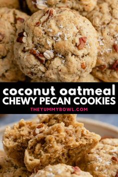 coconut oatmeal chewy pecan cookies stacked on top of each other