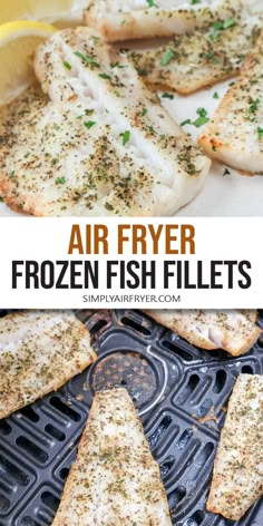 air fryer frozen fish fillets on the grill with lemon wedges and parsley