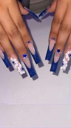 Blue Glitter Tips Acrylic Nails, Royal Blue Nails With Flower Design, Simple Royal Blue Nails Acrylic, Sapphire Blue Decorations, Royal Blue And White Prom Dress, Quince Dresses Royal Blue And White, Navy Blue And Silver Prom Dress, Royal Blue Extra Nails, Dark Blue Nails For Graduation