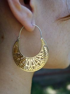 Mandala Earrings - Medium Brass Hoops - Star Earrings - Tunnel Earrings - Gold Star - Boho Hoops (244B) Gold Metal Plug Earrings For Festivals, Gold Plug Earrings For Festivals, Gold Crescent Hoop Earrings In Brass, Bohemian Gold Brass Plug Earrings, Bohemian Teardrop Brass Hoop Earrings, Bohemian Crescent Hoop Earrings With Ear Wire, Unique Festival Hoop Earrings, Bohemian Gold Hoop Earrings With Ear Wire, Artisan Gold Hoop Earrings For Festivals