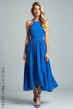 Olivia Mark - Elegant Royal Blue Halter Neck Midi Dress with Asymmetrical Hemline Blue A-line Asymmetrical Dress For Summer, Blue Asymmetrical Hem Dress For Spring, Formal High-low Hem Maxi Dress For Summer, Summer Formal High-low Hem Maxi Dress, Formal Spring Asymmetrical Dress With High-low Hem, Formal Summer Asymmetrical Dress With High-low Hem, Summer Formal Asymmetrical Dress With High-low Hem, Formal Summer Asymmetrical High-low Dress, Summer Formal Asymmetrical High-low Dress