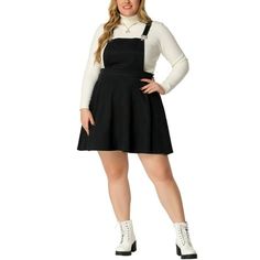 Showing off a solid color and flattering suspender skater skirt, this ladylike design is as versatile as stylish. This suspender skirt has a flattering high waist and a flared hem that finishes above the knee for a cute look. Featuring a classic design, it has a single pocket in front of the chest, a side zip-up, and features an A-line shape to enhance the flared cut. Measurement (in inches) International Size----------Waist Girth----------Hem Girth 1X------------------------------37 ----------- Lightweight Skirt, Overall Skirt, Boho Beach Dress, Suspenders For Women, Denim Overall Dress, Plus Size Brands, Suspender Skirt, Leather Mini Skirts, Overall Dress