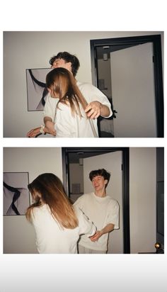 two pictures of a man and woman in front of a mirror, one is brushing his hair