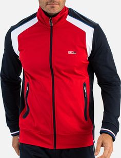 Heren Jacket  Kleur: Rood - Wit - Zwart Materiaal: 94% Polyester - 6% Elastaan  Ritssluiting  Artikel: R011-Iggy Track Suit Men, Futuristic Fashion, Track Suit, Diy Shirt, Womens Clothing Stores, Sports Jacket, Golf Shirts