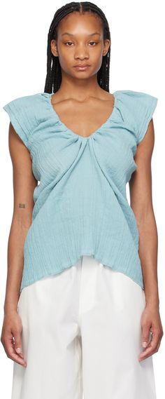 Crinkled OEKO-TEX®-certified linen- and organic cotton-blend hopsack blouse. · Front-to-back reversible construction · Drawstring at crewneck and low back · Cap sleeves Supplier color: Wuxi blue Wuxi, Low Back, Cap Sleeves, Apparel Accessories, Shirts Tops, Organic Cotton, On Sale, Cotton Blend, Top Brands