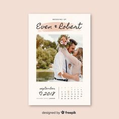 a wedding calendar with an image of the bride and groom on it in pink tones