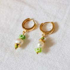 Mismatched Light Green Glass Flower and Pearl on Gold-plated Huggie Hoops - Etsy Everyday Green Jewelry For Spring, Green Hoop Earrings Spring Gift, Green Hoop Earrings As Spring Gift, Green Spring Hoop Earrings For Gift, Green Spring Hoop Earrings Gift, Green Beads, Denver Co, Green Bead, Beaded Flowers