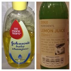 a bottle of lemon juice next to a bottle of shampoo on a white surface