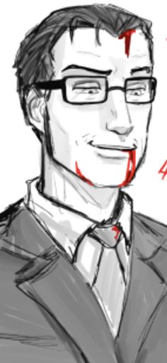 a drawing of a man with glasses and blood on his face, smiling at the camera