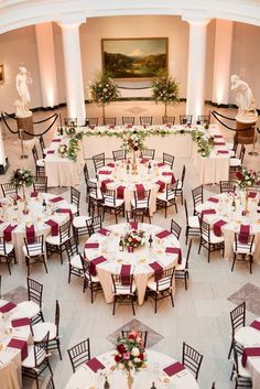 an overhead view of a banquet hall with tables and chairs set up for formal function