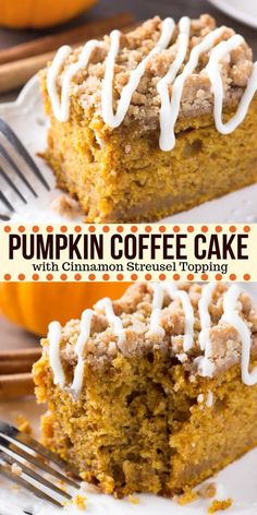 two slices of pumpkin coffee cake with cinnamon drizzle topping