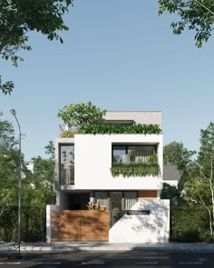 an architectural rendering of a modern house with plants on the balcony and balconies