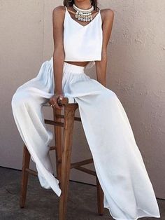 🚚FREE Shipping on orders over $60 ✨ use Code: "Mylook" for Extra Discount at checkout Gender: Women Type: Bottoms Feature: Sling, Crop, Wide Leg, Two-Piece Material: Polyester Style: Casual/Fashion Color: White, Khaki Size: S, M, L, XL, 2XL, 3XL Please Note: All Dimensions Are Measured Manually With A Deviation Of 1 To 3cm. Homewear Outfit, Pant Suits For Women, Wide Leg Pant Suit, Two Piece Jumpsuit, Chiffon Fashion, Pantsuits For Women, Solid Clothes, Casual Sets, Suit Fashion