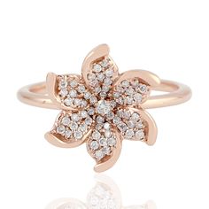 Modern style diamond jewelry. This Ring is made of gold and diamond material and is capable of reflecting some light to produce a natural glow. A unique feature found only in premium jewelry. This Ring is handmade in 18k Rose Gold : 3. 996 grams , and Diamond : 0. 28 cts (ING-8548)  This jewelry is made by hand featuring detailed workmanship. Be careful to avoid dropping or banging as physical impacts can result in damage to the pieces including stones falling off. To care for your jewelry, take caution to keep away from harsh chemicals, Perfume, and Water. You may wipe with a clean polishing cloth to maintain a beautiful shine. Keep in mind that extensive exposure to saltwater, sunlight or harsh chemicals can permanently damage your handmade jewelry. When not in use, keep your jewelry in Rose Gold Flower Ring, Diamond Flower Ring, Flower Diamond Ring, Gold Flower Ring, Rose Gold Flower, September Birthstone Jewelry, Pave Ring, Diamond Rings Bands, Diamond Flower