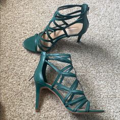 Nwob. Size 9.5, Never Worn. Color Is A Teal. Zip Backs Functional. Heel Height Approx 4” Always Ask For Any Questions And Be Sure To Check Out My Other Listings And Bundle For A Discount. All My Items Come From A Smoke Free, Pet Friendly Home. Green Strappy Heels For Formal Occasions, Elegant Green Strappy Heels, Green Strappy Leather Heels, Green Leather Strappy Heels, Purple Sandals With 4-inch Heel And Open Heel, Green Synthetic Sandals With 4-inch Heel, Antonio Melani, Caged Sandals, Women's Shoes Sandals