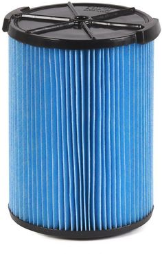 a blue pleated air filter is shown on a white background with the black handle