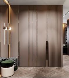 a room divider in the middle of a wooden floor with zebra print stools