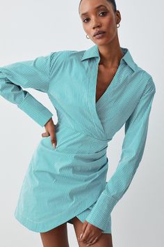 Cotton Stripe Wrap Detail Mini Shirt Dress Wrap Shirt Dress, Wrap Shirt, Green Style, Mini Shirt Dress, Race Day, Karen Millen, Fashion Face, Green Cotton, Green Fashion