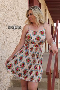 Aztec River Dress ⚡Use code PIN15 at checkout for 15% off! ⚡ www.baharanchwesternwear.com #spring #springoutfit #aztec #womens #womensoutfit #summer #summertime #cowgirl #country #aztecprint Dresses Western, Western Graphic Tees, Flowy Fabric, Feather Dress, Sweater Tank Top, Aztec Print, Boutique Dresses, Warm Weather, Dress Skirt