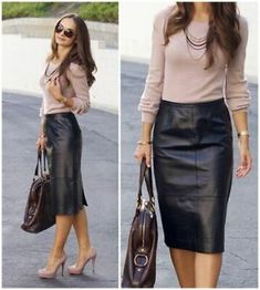 Cool Women's Lambskin High Quality Leather Below Knee Length Stylish Black Skirt | eBay Skirt Leather Outfit, Rok Outfit, Black Leather Pencil Skirt, Leather Skirt Outfit, Black Leather Skirt, Rock Outfit, Trendy Skirts, Outfit Jeans, Mode Casual