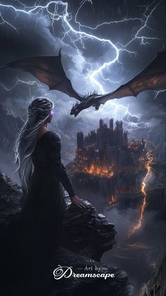 a woman standing on top of a cliff next to a dragon flying over a castle