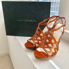 -Never Been Worn -4 Inch Heel -Color: Orange -Size: 9 Us Stacked Heel Sandal, Ankle Sandals, Wooden Sandals, Square Toe Sandals, Leather Heels Sandals, Suede Tassel, Leather Slide Sandals, Leather Wedge Sandals, Leather Block Heels