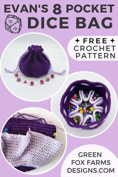 the crochet bag pattern is shown in three different colors and sizes, including purple