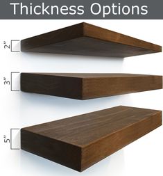 three wooden shelves are shown with measurements for the top one and bottom two, which have been cut out