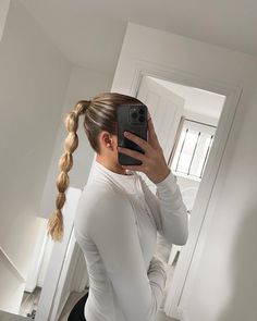 Blonde hair Puffball ponytail mirror selfie with head turned to the right. Big floor length leaner mirror in the hallway. Wearing white long sleeve gym top. High Ponytail Plait Hairstyles, High Ponytail Plait, Ponytail With Plaits, High Pony Plait, Plait Into Ponytail, Plait Ponytail, Ponytail Plait, Plaited Ponytail, Rose Bedroom