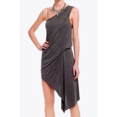 Helmut Lang Grey/Storm Shale Asymmetrical Drape Dress (Retails $395) - Size: M - Color: Grey (“Storm”) - Rn #: 119376 - Style: Sw-Cs1018 - Style #: C02hw611 - Elegant Sleeveless Drape Dress - Asymmetrical Neckline And Hem - Ruching/Gathering Detail At Hip - Spaghetti Strap On One Side - Thicker Draping Strap On The Other Side - Extremely Soft Material - Lined - Dry Clean - Material: - Shell: 100% Bemberg Cupro - Lining: 100% Silk - Condition: Guc (Preloved, But No Major Flaws. A Couple Faint Lit Summer Pre-draped Asymmetrical Dress For Night Out, Pre-draped Asymmetrical Summer Dress For Night Out, Pre-draped Asymmetrical Cocktail Dress, Pre-draped Asymmetrical Dress For Cocktail, Asymmetrical Pre-draped Cocktail Midi Dress, Pre-draped Asymmetrical Midi Dress For Cocktail, Pre-draped Asymmetrical Dress For Spring, Pre-draped Dresses With Asymmetrical Hem For Night Out, Drape Dress