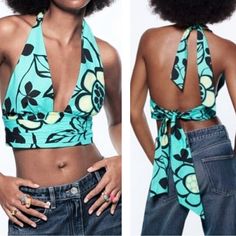 New With The Tag! Adorable Zara Aqua Neon Blue Printed Cropped Ruched Halter Top Aqua Blue With Yellow, Black, And White Abstract Floral Print Low V-Neck Halter Style That Ties In The Back Neck And Back Ruched And Pleated On Front Waistband Cropped Size Medium Approximate Measurements Laying Flat: Varies Depending On How Tight You Tie The Straps Bust Pit To Pit - 16” Length - 17” Chic Blue Triangle Halter Top, Blue V-neck Halter Top For Spring, Spring Blue Halter Top With Tie Back, Blue Tie-back Halter Top For Spring, Blue Tie Back Halter Top For Spring, Chic Printed Fitted Halter Top, Chic Fitted Printed Halter Top, Fitted Triangle Top With Floral Print, Chic Zara Halter Top For Summer