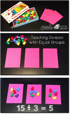 the instructions for teaching division with equal groups are shown in three separate pictures, one is pink and the other is blue