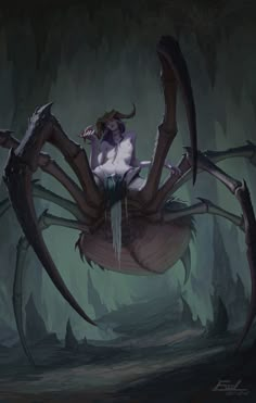 a woman is sitting on top of a giant spider