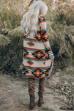 Olivia Mark - Multicolor geometric color block open front long cardigan Gilet Long, Cardigan Long, Woolen Coat, Basic Shirts, Printed Cardigan, Casual Coat, Aztec Print, Open Front Cardigan, Retro Stil