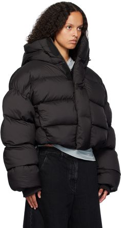 Down-filled quilted polyester taffeta puffer jacket. · Water-resistant DWR coating · Bungee-style drawstring at hood and hem · Funnel neck · Zip closure with velcro placket · Cropped hem · Seam pockets · Dropped shoulders · Inset rib-knit cuffs · Zip pocket at interior · Fully lined Supplier color: Pupil Fill: 90% duck down, 10% duck feather. Entire Studios, Down Puffer Jacket, Duck Feather, Duck Down, Funnel Neck, Knit Cuff, Puffer Jacket, Outerwear Jackets, Rib Knit