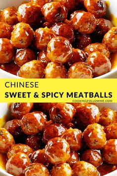 two bowls filled with sweet and spicy meatballs