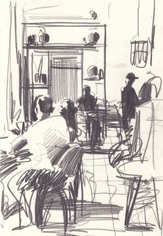 a black and white drawing of people in a living room