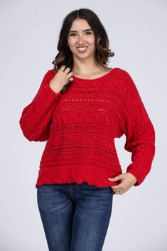 The Cozy With You Sweater by Easel is a comfy knit sweater perfect for the fall weather. This knit sweater features a scalloped hemline and bubble sleeves! The Cozy With You Sweater can be paired with any of our denim for a chic look. Fabric: 70% Polyester, 30% Acrylic Measurements: Bust (Size M): 23" Length (Size M): 24" True To Size S 0-6 M 6-10 L 10-14 Cozy Crew Neck Pointelle Knit Sweater, Cozy Pointelle Knit Sweater For Winter, Pointelle Knit Top For Winter, Winter Long Sleeve Cropped Sweater With Pointelle Knit, Cozy Fall Pointelle Knit Cropped Sweater, Cozy Pointelle Knit Sweater For Fall, Cozy Long Sleeve Pointelle Knit Top, Winter Pointelle Knit Top, Cozy Textured Knit Top