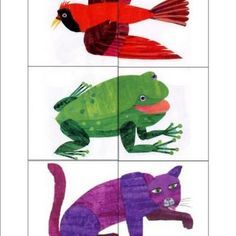 four different colored pictures of animals with one red bird, the other green and purple