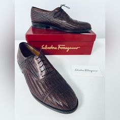 Salvatore Ferragamo Men’s Shoes Made In Italy Tree Shoes Not Included Box Included Color:Brown Size:13 D Pre-Owned #2024000c Designer Italian Oxfords For Derby, Designer Oxfords With Textured Sole For Business, Designer Lace-up Leather Business Shoes, Designer Cap Toe Shoes For Derby, Designer Business Dress Shoes With Textured Sole, Designer Semi-formal Oxfords With Branded Insole, Salvatore Ferragamo Men, Size 13, Salvatore Ferragamo